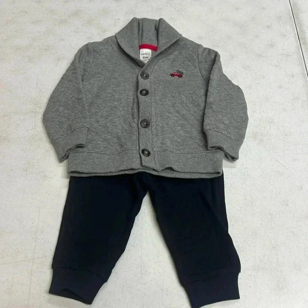 Carters 9M Gray Shawl Collar Cardigan and Black Pants Set Red Truck Christmas